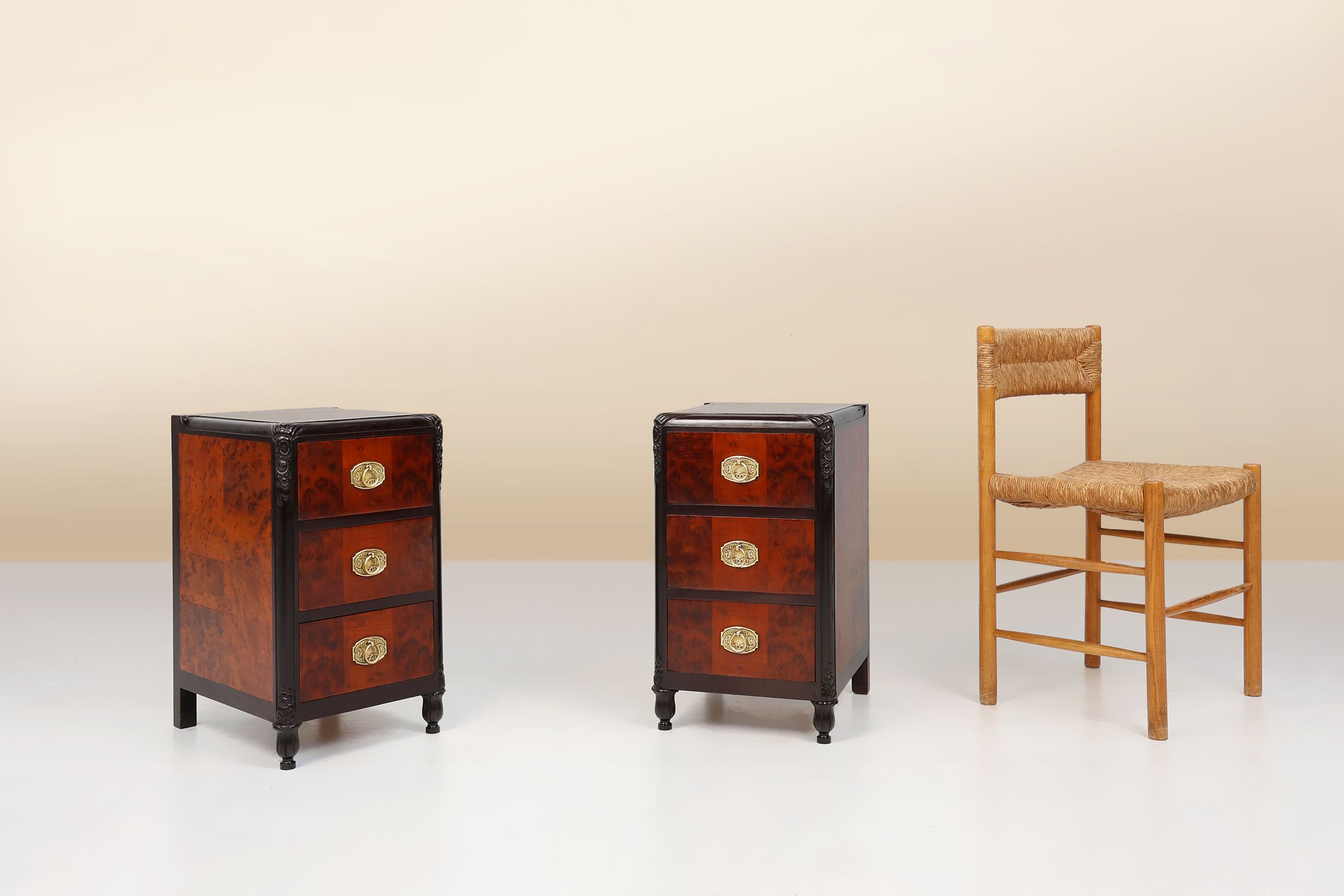 Pair of Art Deco nightstands in burl veneer, oak and copper, France ca. 1910thumbnail